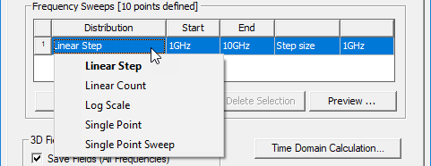 Frequency Sweeps groupbox, Distribution options listed, Linear Step selected.