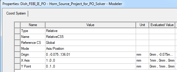 Properties dialog, Coord System tab.