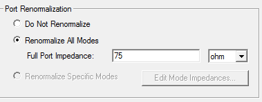 Port renormalzation groupbox. Remormalize All Modes option enabled.