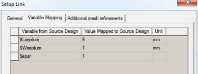 Setup Link dialog, Variable Mapping tab.