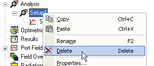 Setup shortcut menu, Delet option highlighted.