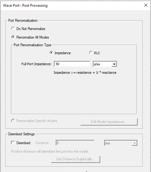 Wave Port dialog, Post processing tab.
