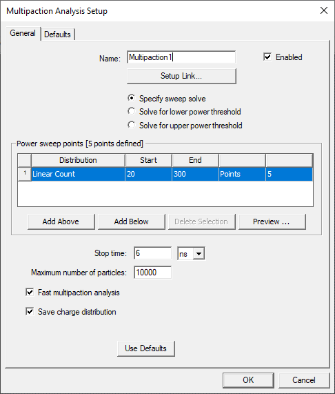 Multipaction Analysis Setup dialog, General tab.