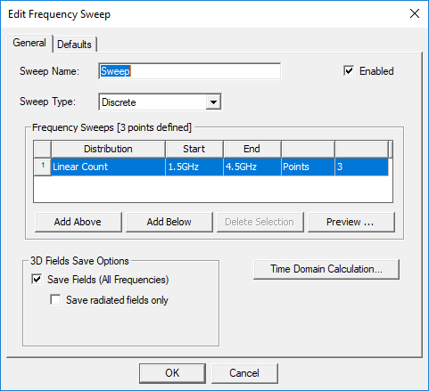 Edit Frequency Sweep dialog. General tab. 