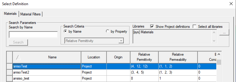 Select Definition dialog. Materials tab.