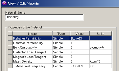View/Edit Material dialog. Material Name defined.