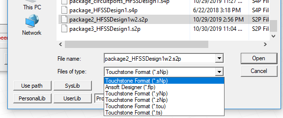 File explorer window, File Type field set to Touchstone Format.