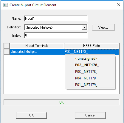 Create N-Port Circuit Element dialog. HFSS Port dropdown menu expanded.
