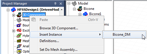 3D Components right-click menu. Insert Instance option highlighted.
