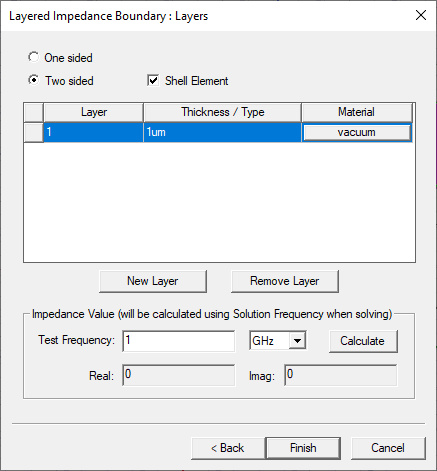 Layered Impedance Boundary: Layers dialog. Two sided option enabled, Shell Element option enabled.