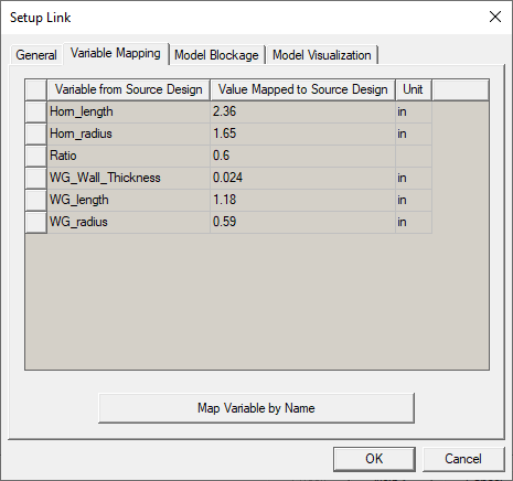 Setup link dialog, Variable Mapping tab.