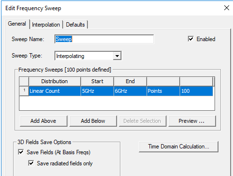 Edit Frequency Sweep dialog, General tab.