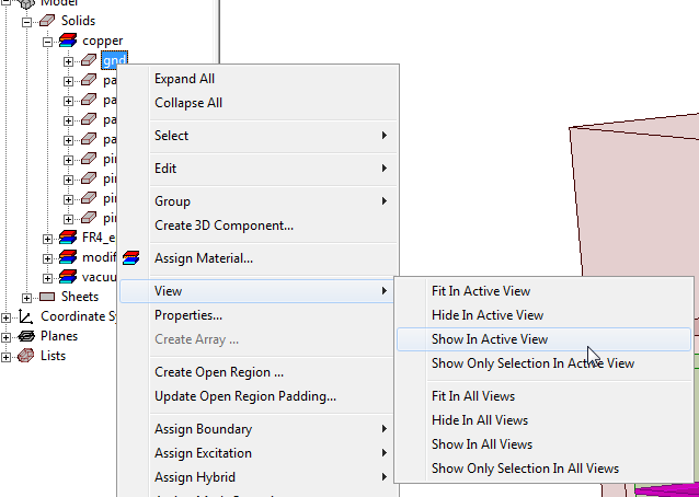 Shortcut menu, View submenu expanded, Show In Active View option highlighted.