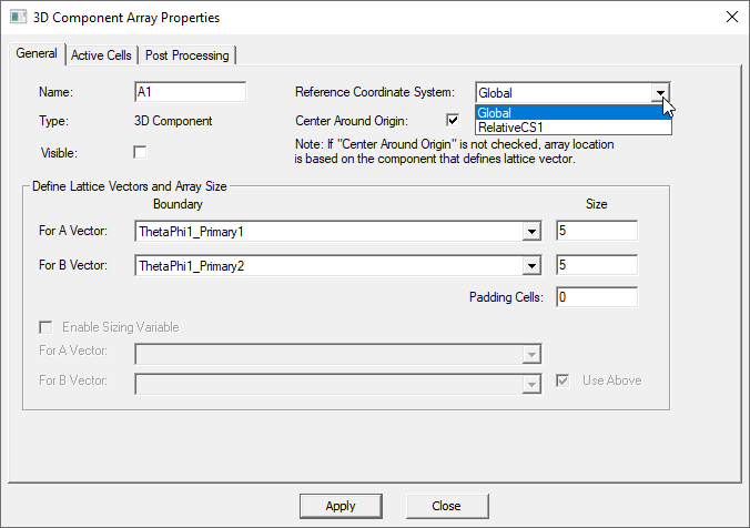3D Component Array Properties dialog, General tab. Reference coordinate system drop-down menu expanded.