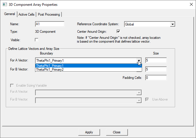 3D Component Arraay Properties dialog. General tab. Define Lattice Vectors and Array size groupbox.