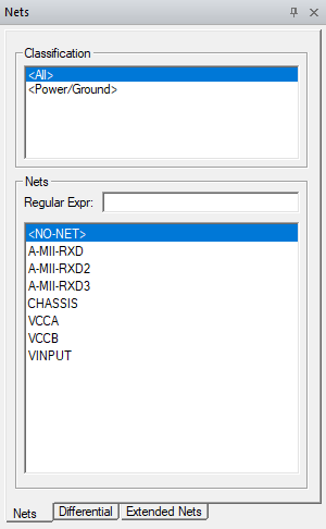 Nets Window showing Classification group box and Nets group box. 