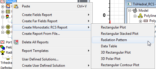 Results shortcut menu, create Monostatic RCS report option expanded, Radiation Patter option highlighted.