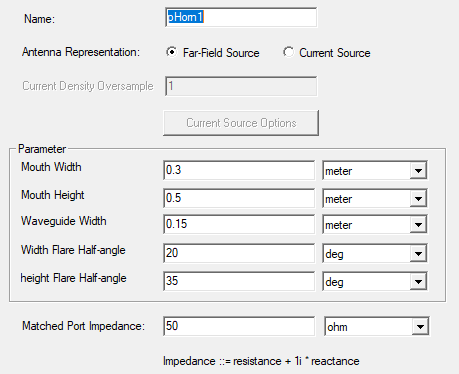 Pyramidal Horn antenna properties dialog.