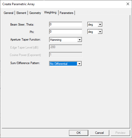 Create Parametric Array dialog. Weighting tab, Sum//Difference Pattern set to No Differential.