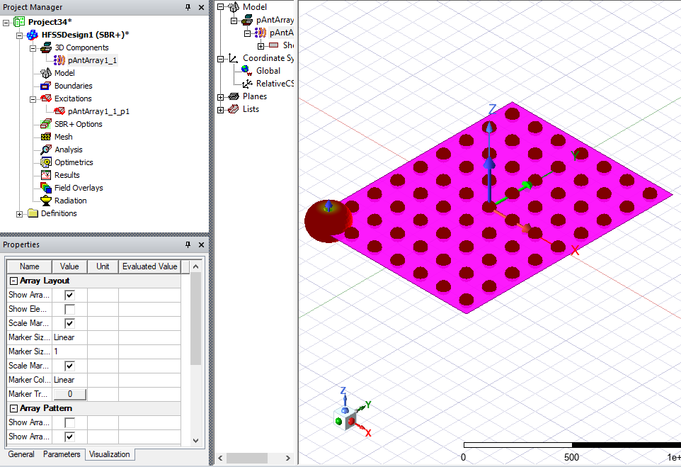 AEDT Layout displaying Project Manager, Modeler window, and Properties dialog.