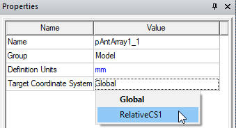 Properties window, Target Coordinate System set to Relative  CS1.