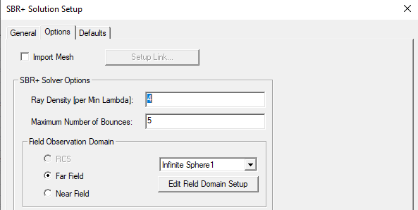 SBR+ Solution Setup, Options Tab, SBR+ Solver Options groupbox, Field Observation DOmain groupbox.