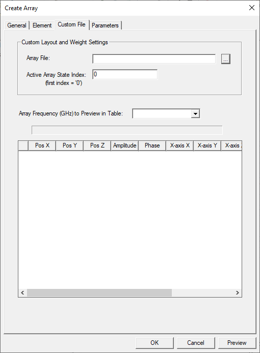 Create Array dialog, Custom File tab.