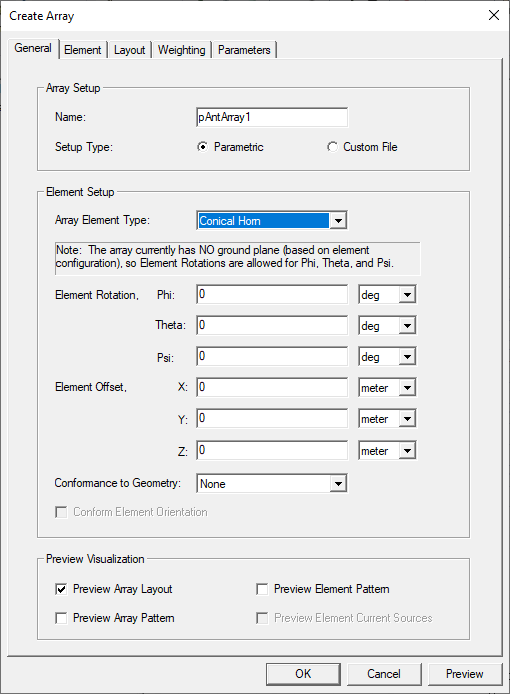 Create Array dialog, General Tab.