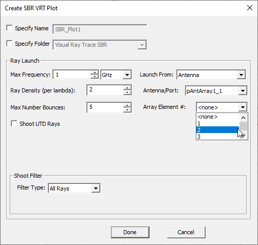 Create SBR VRT Plot dialog. Array Ellement # field sent to 2.