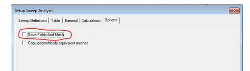 Setup Sweep Analysis window. Save Fields and Mesh option disabled.