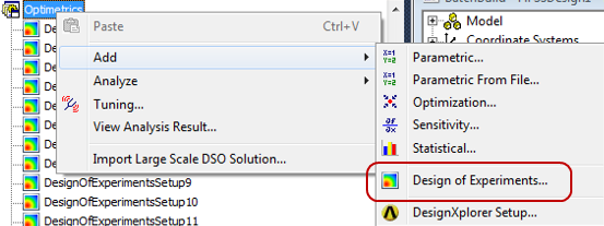 Optimetrics right-click drop down menu, "Add" menu open, Design of Experiments chosen.
