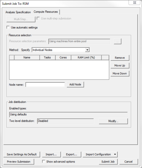 Submit Job To:RSM window. Compute Resources tab. 