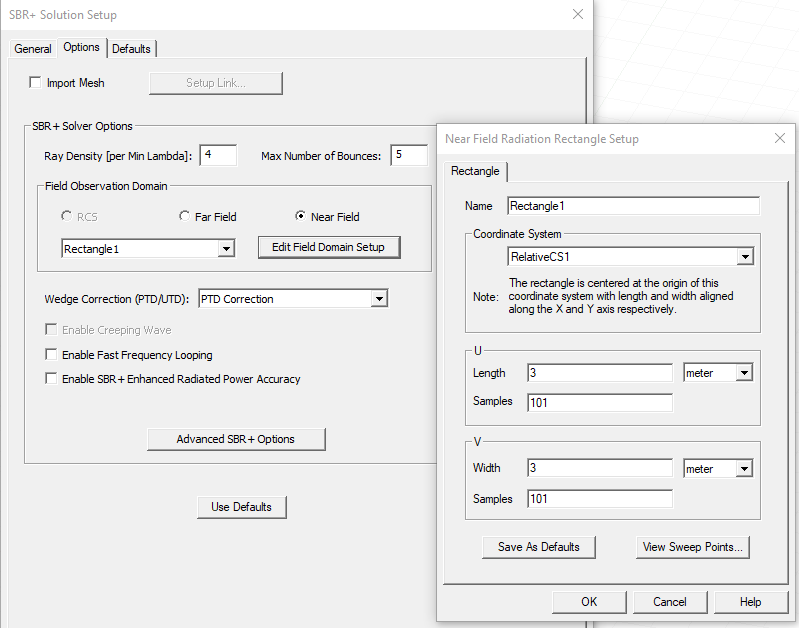 Nearfield Radiation Rectangle Setup Dialog.
