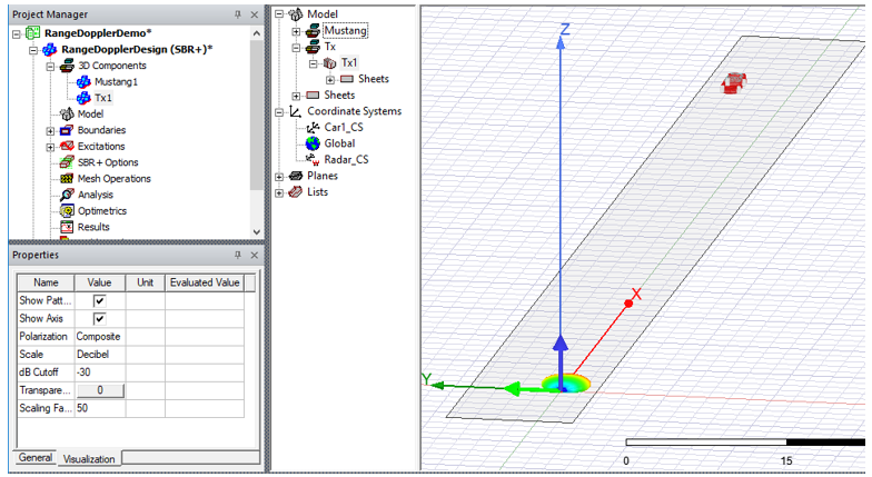 Project Manager panel. Properties panel. Model at 50 scale factor