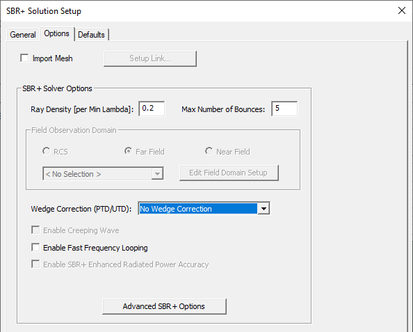 SBR+ Solution Setup. Options tab.