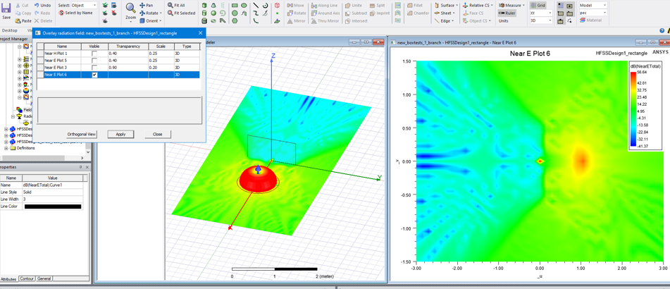 Near Efield plot and Near E field overlayed on the model.
