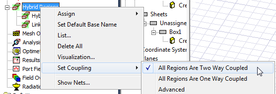 Hybrid Region shorcut menu, Set Coupling option expanded, All Regions Are Two Way Coupled option highlighted.