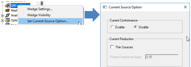 SBR+ Option shortcut menu, Set Current Source Option Selected. Current Source Option dialog.