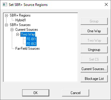 Set SBR+ Source Regions dialog. Two Way Current Sources highlighted.