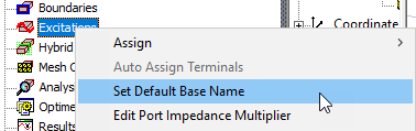 Excitiations shortcut menu. Set Default Base Name option highlighted.