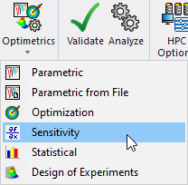 Optimetrics drop down menu, "Sensitivity" option highlighted.