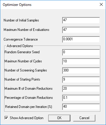 Optimizer Options Window.