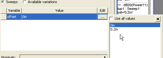 Sweeps option enabled, Edit ellipses selected displaying variables dialog. Sweeps option enabled, Edit ellipses selected displaying variables dialog.