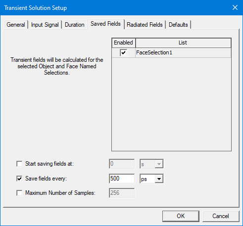 Transient Solution Setup dialog. Saved Fields tab.
