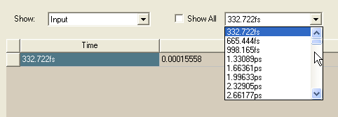Input drop-down menu expanded, time steps listed.