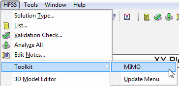 HFSS > Toolkit > MIMO menu path highlighted.