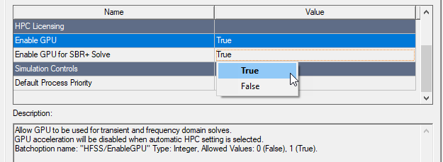 HPC and Analysis dialog. Options tab, Enable GPU set to True.