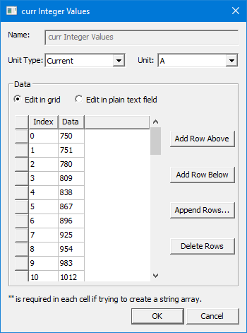 Integer Values dialog box with a current variable selected.