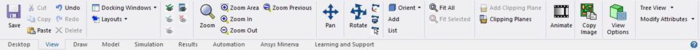 Main application ribbon with View tab depressed showing the selection options specific to HFSS.