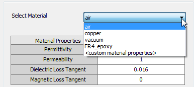 Select Material drop-down menu. Air option highlighted.
